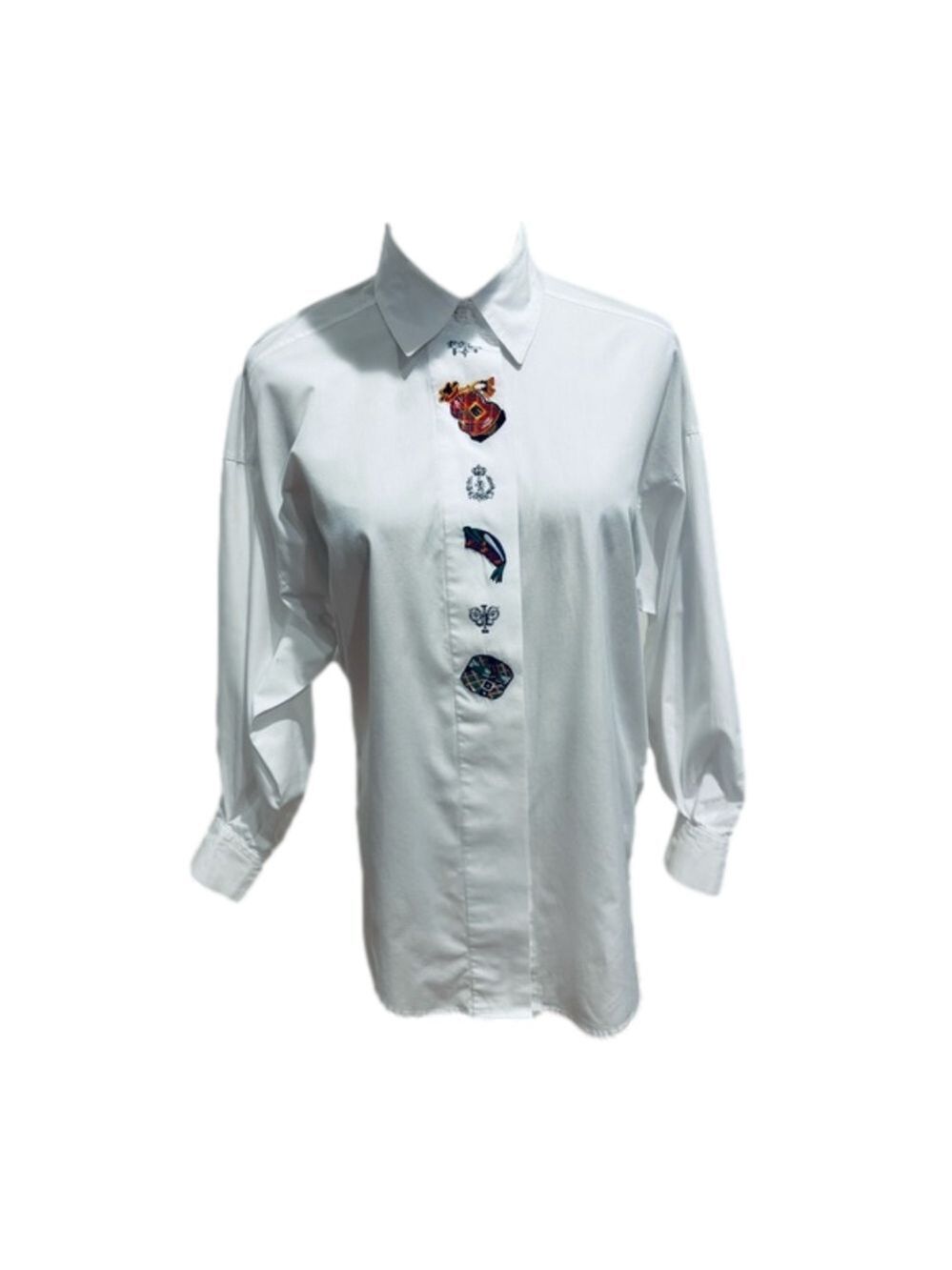 90s COTTON WHITE BLOUSE W COLORFUL SCOTTISH THEME APPLIQUES SHORT BISHOP SLEEVES - Picture 5 of 10